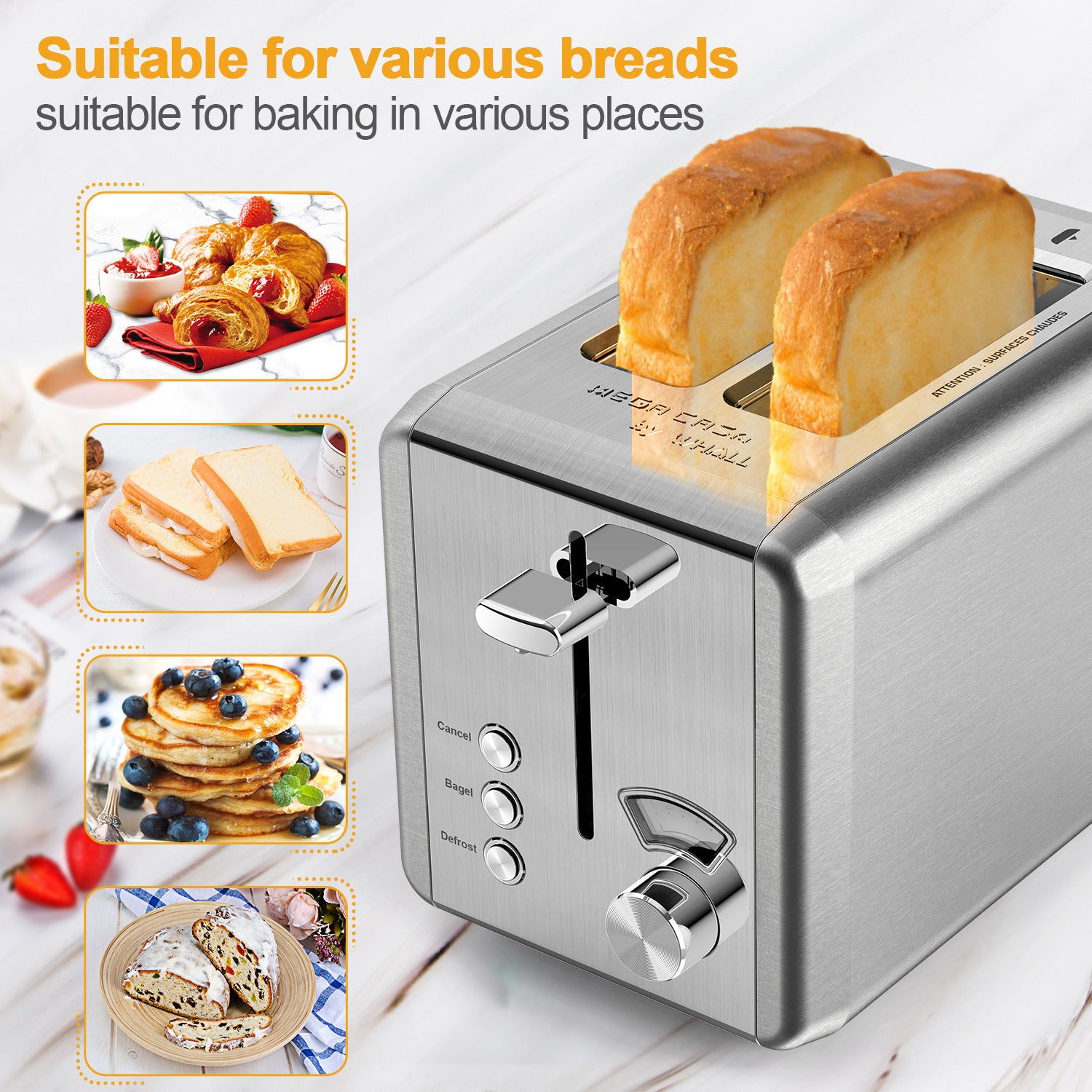 Whall Knob Toaster 2 Slice | Stainless Steel, Digital Timer, Sound | 6 Bread Types & Shades