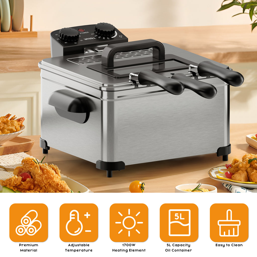 WHALL Deep Fryer with 3 Baskets,5 L/21 Cups Oil Capacity