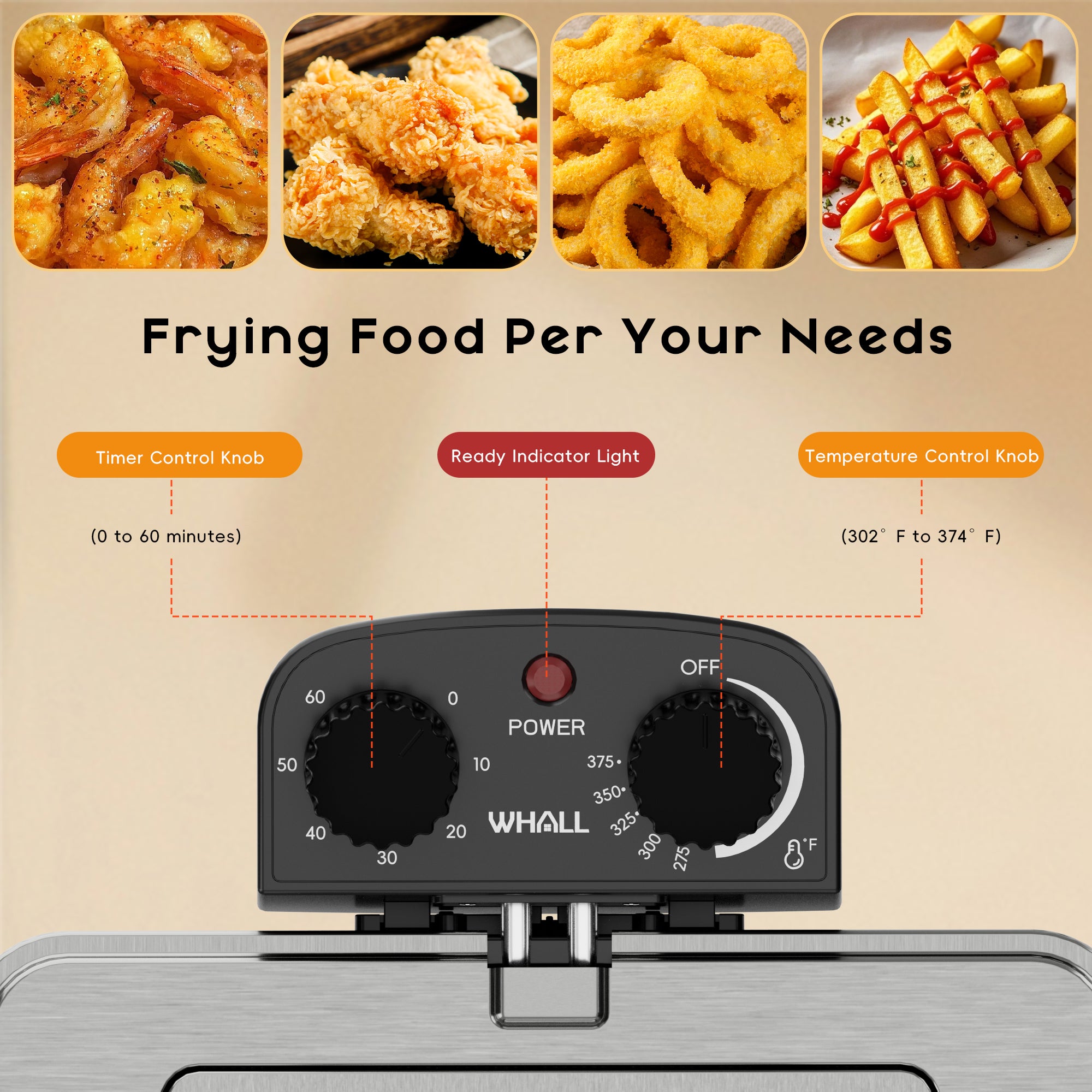 WHALL Deep Fryer with 3 Baskets,5 L/21 Cups Oil Capacity