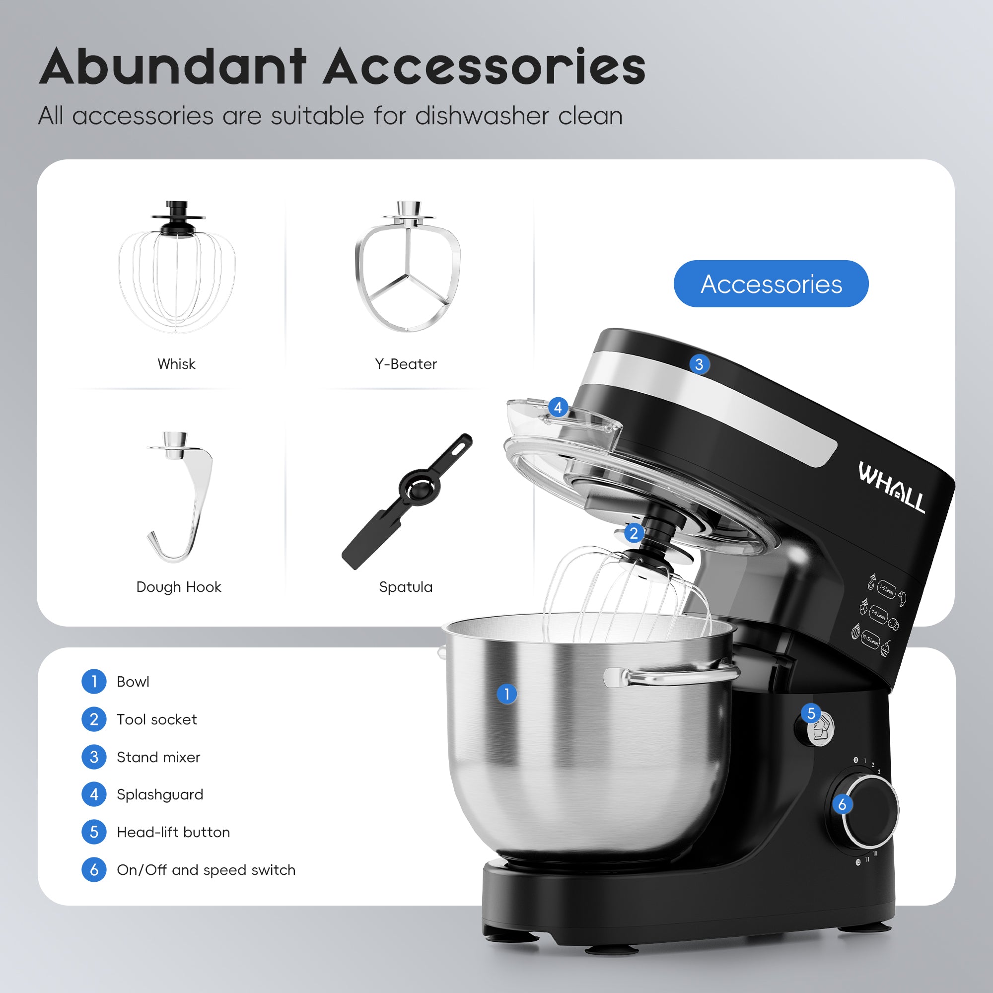 WHALL 5.5QT 12-Speed Stand Mixer