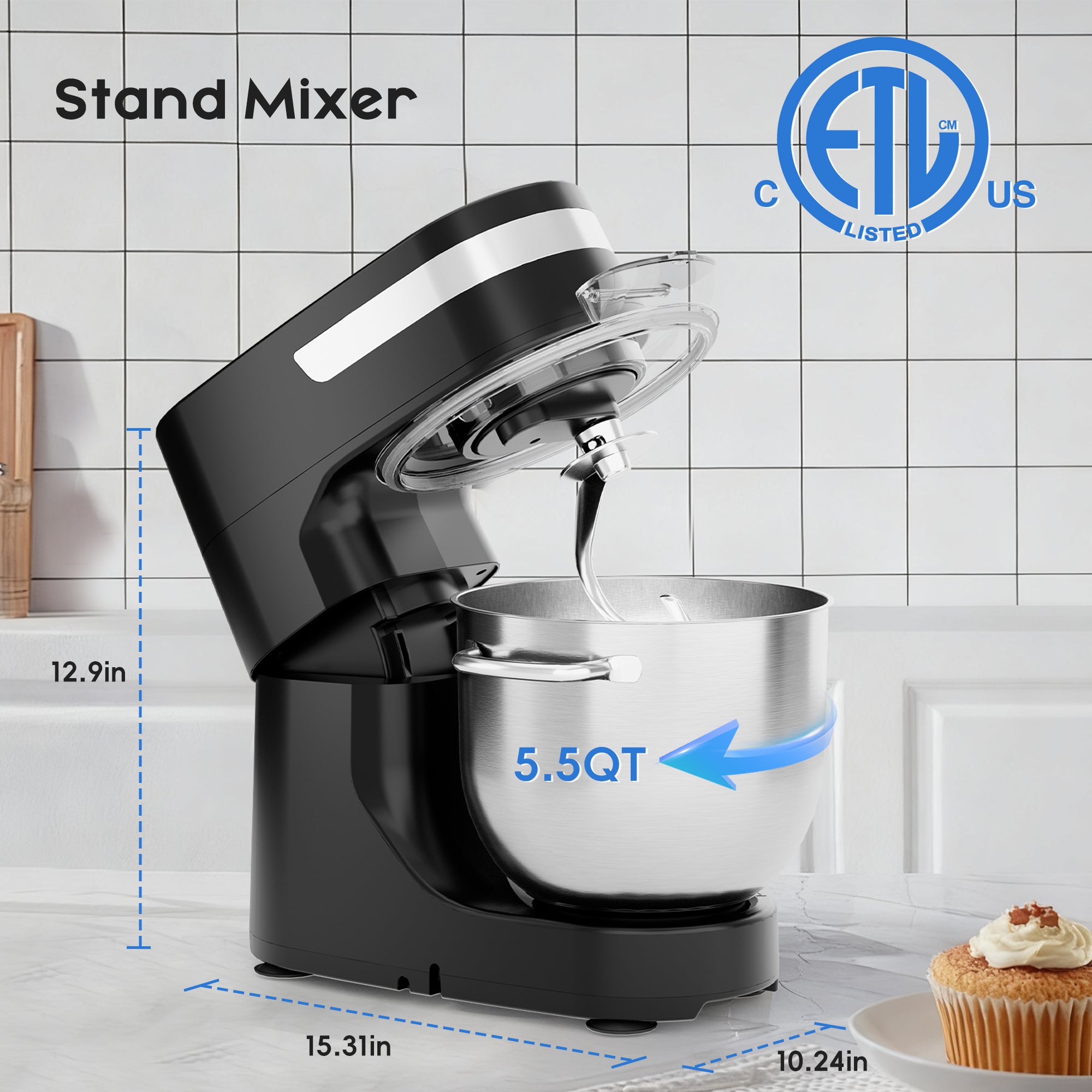 WHALL Stand Mixer - 5.5Qt 12-Speed Tilt-Head Electric Kitchen Mixer with Dough Hook/Wire Whip/Beater, Stainless Steel