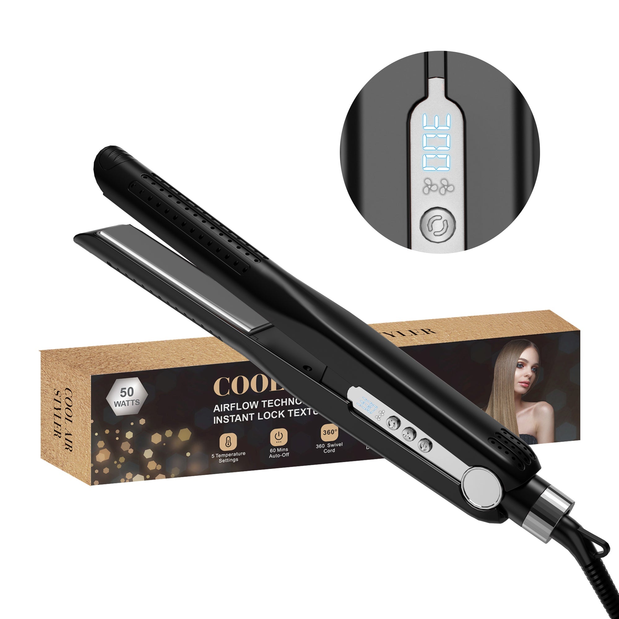 Nicebay Hair Straightener, Airflow Styling, 1 inch Curling Wand Cool Air Vent, 5 Temp, Dual Voltage