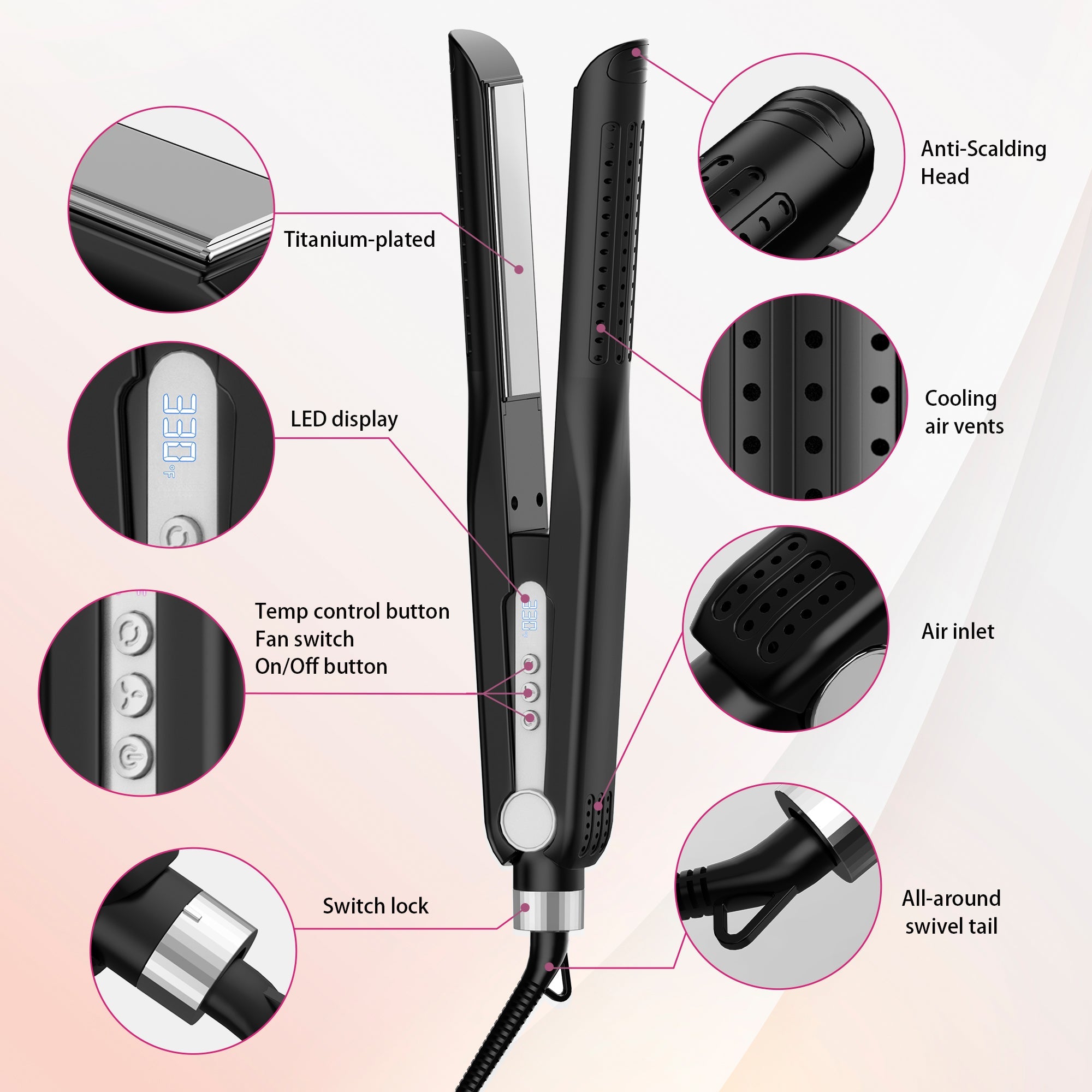 Nicebay Hair Straightener, Airflow Styling, 1 inch Curling Wand Cool Air Vent, 5 Temp, Dual Voltage