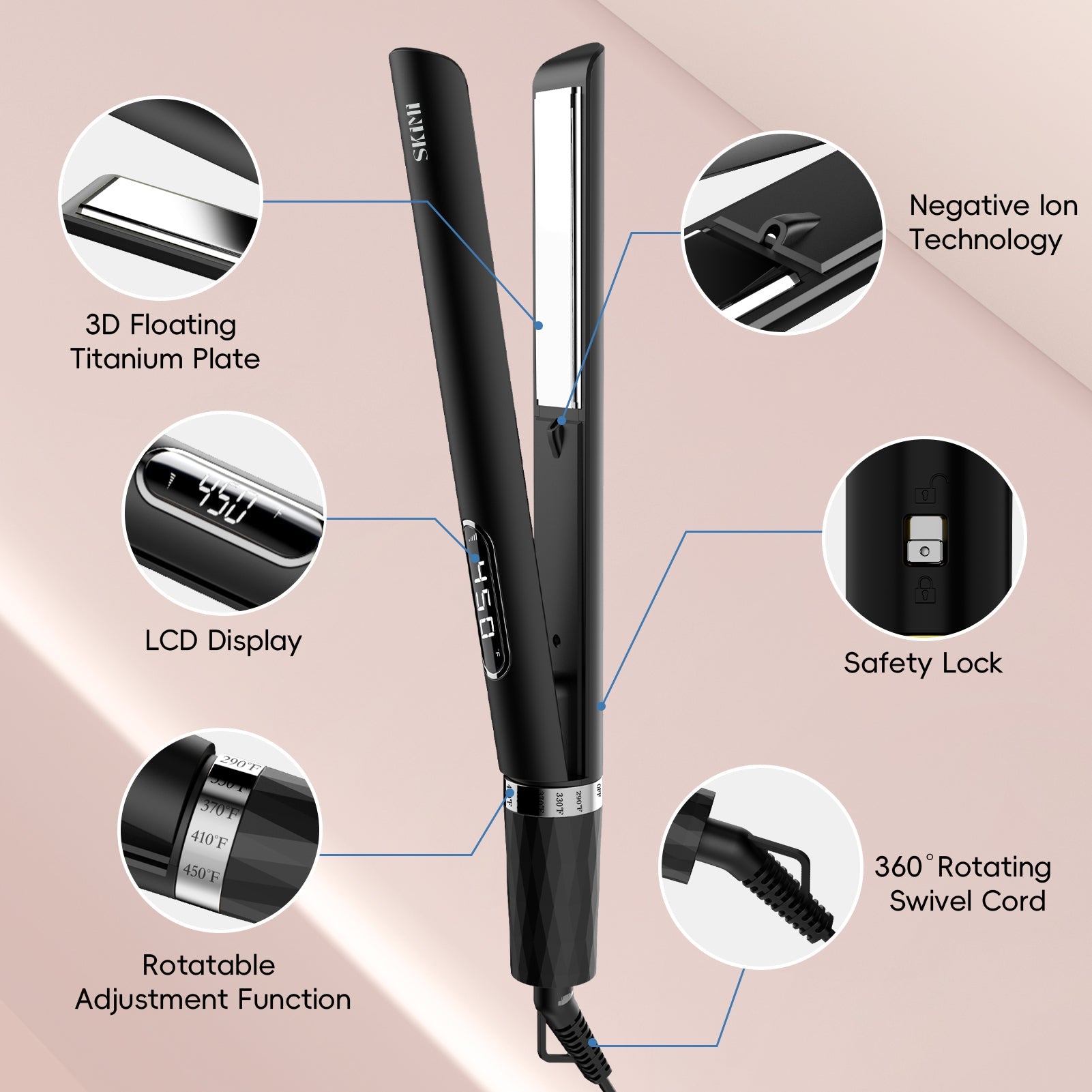 SKIMI Hair Straightener Flat Iron, Hair Straightening, Curling-5 Temp, Dual Voltage,Fast Heat