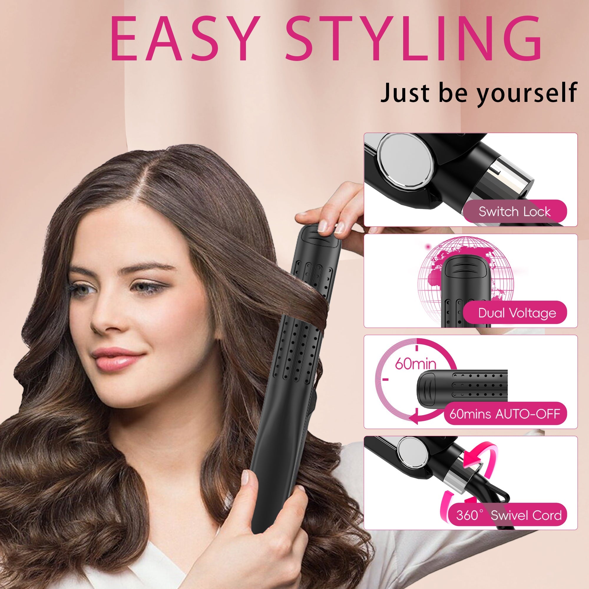 Nicebay Hair Straightener, Airflow Styling, 1 inch Curling Wand Cool Air Vent, 5 Temp, Dual Voltage