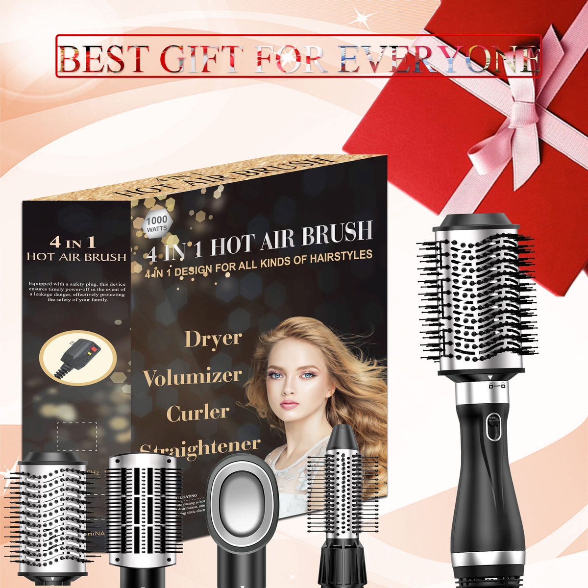 SKIMI 1000W Ionic Ceramic Hair Dryer Brush with Attachments, 3-Speed Hot Air Styling Tool