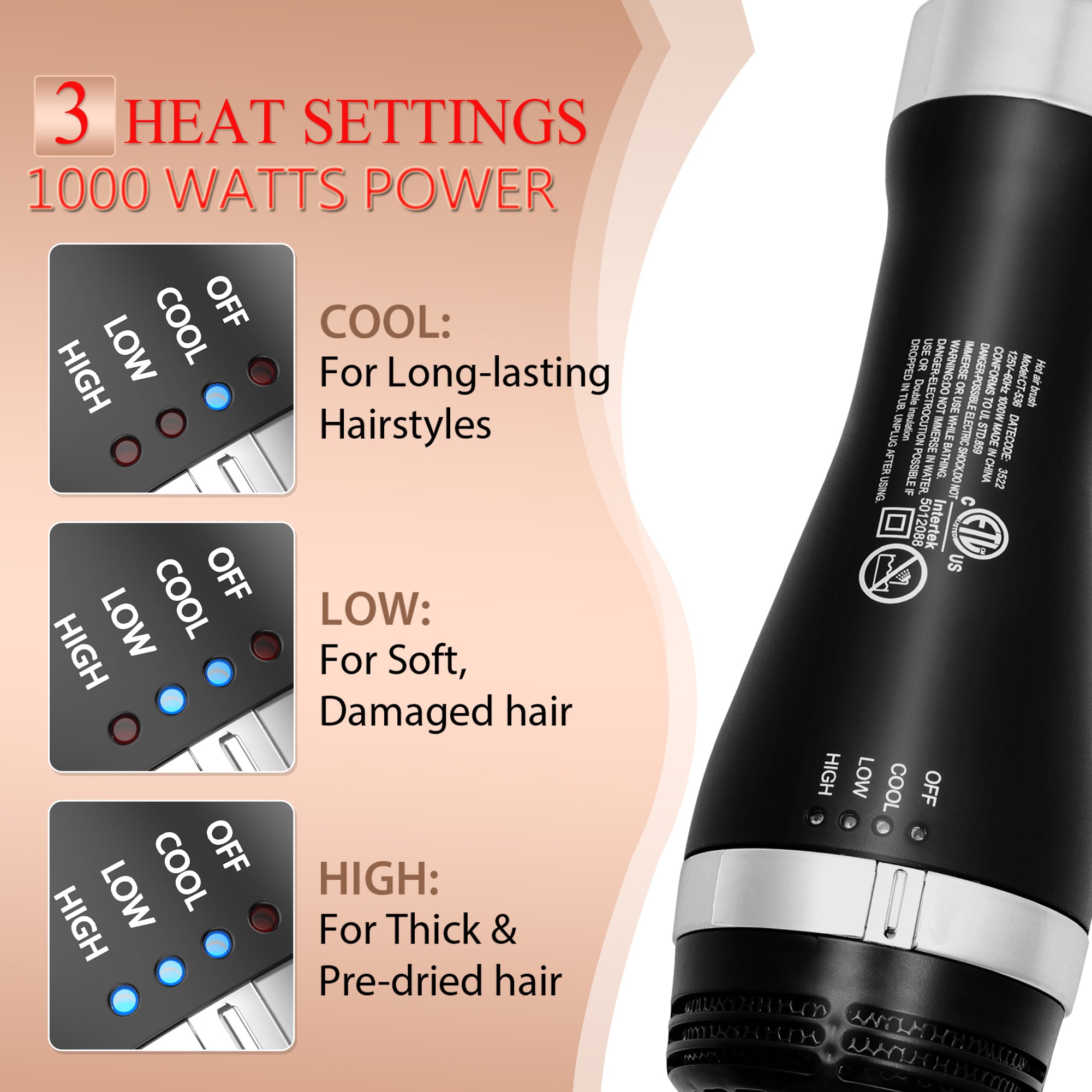 SKIMI 1000W Ionic Ceramic Hair Dryer Brush with Attachments, 3-Speed Hot Air Styling Tool