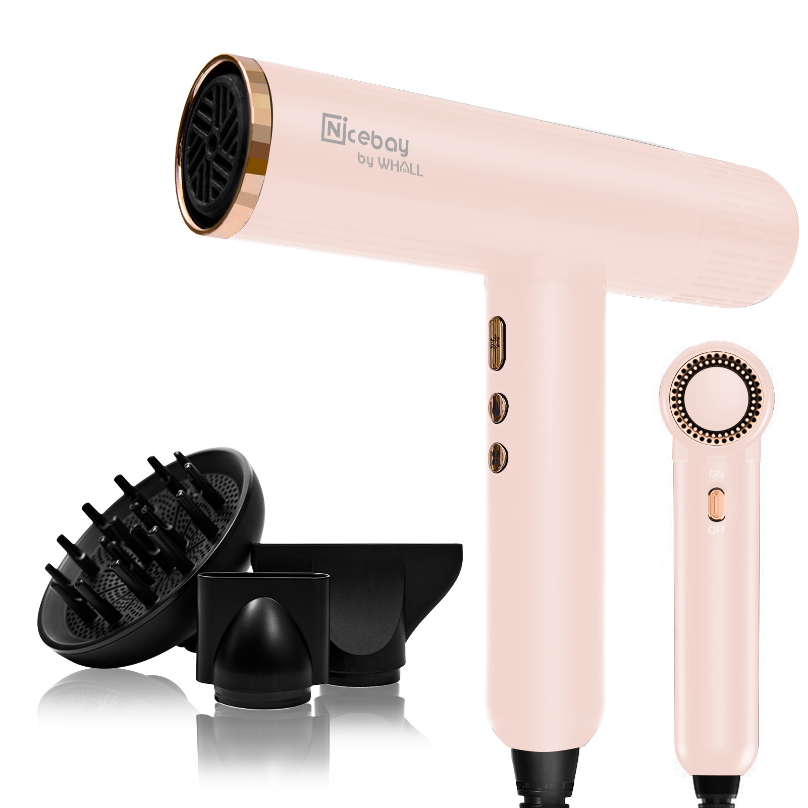 NICEBAY® Hair Dryer-Pink, Professional Blow Dryer with 3 Attachments, 110000RPM High-Speed Brushless Motor for Fast Drying, Lightweight, Low Noise, 1600W Hairdryer with Diffuser-Pink