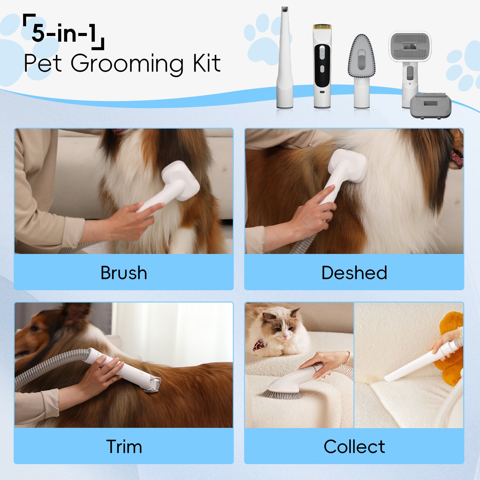 WHALL® Pet Grooming Vacuum, Dog Hair Vacuum with 3 Modes, 5 In 1 Kit, 3L Large Dustbin, Low Noise