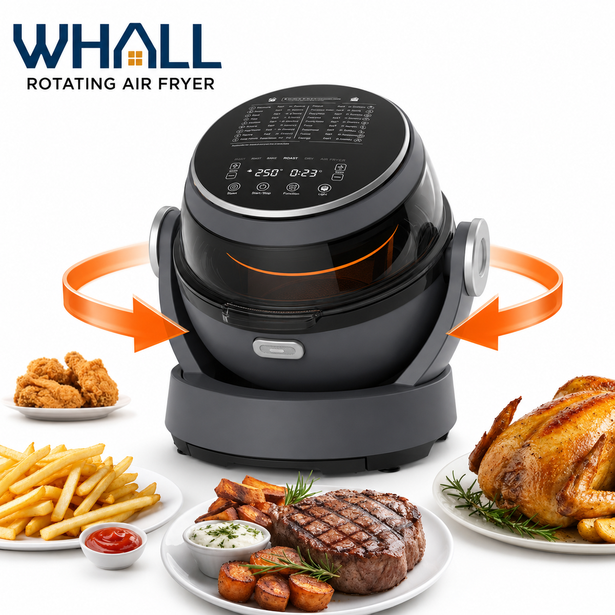 WHALL Rotating Air Fryer with 360° Auto-Rotation