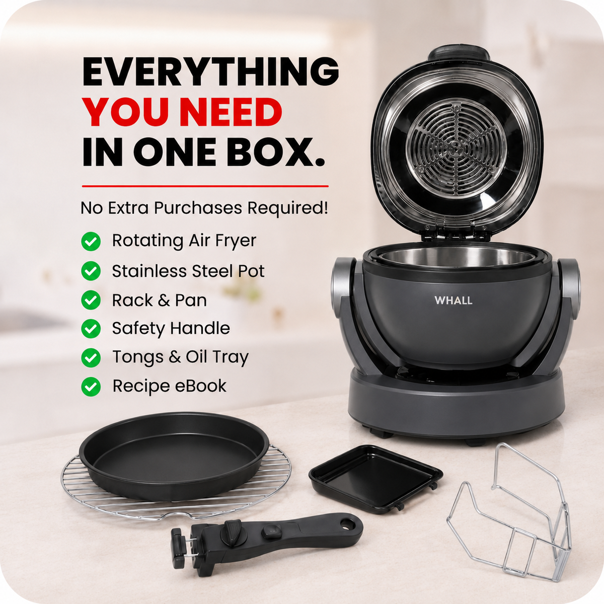 WHALL Rotating Air Fryer with 360° Auto-Rotation