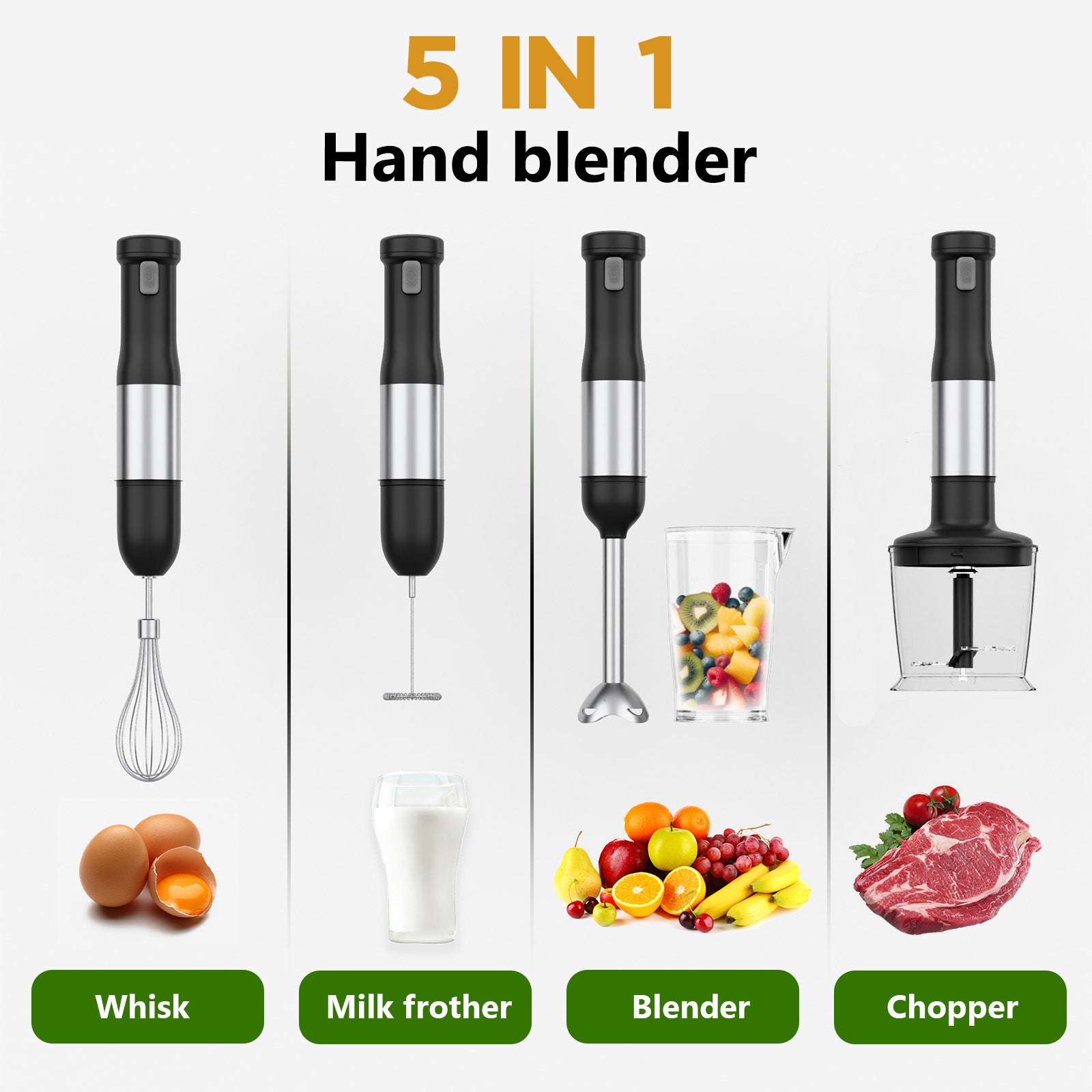 Whall Cordless Immersion Hand Blender, 5-in-1 Cordless Hand Blender Set – Rechargeable, One-Touch Control and Stainless Steel Blades for Smoothies, Shakes or Soups, Black