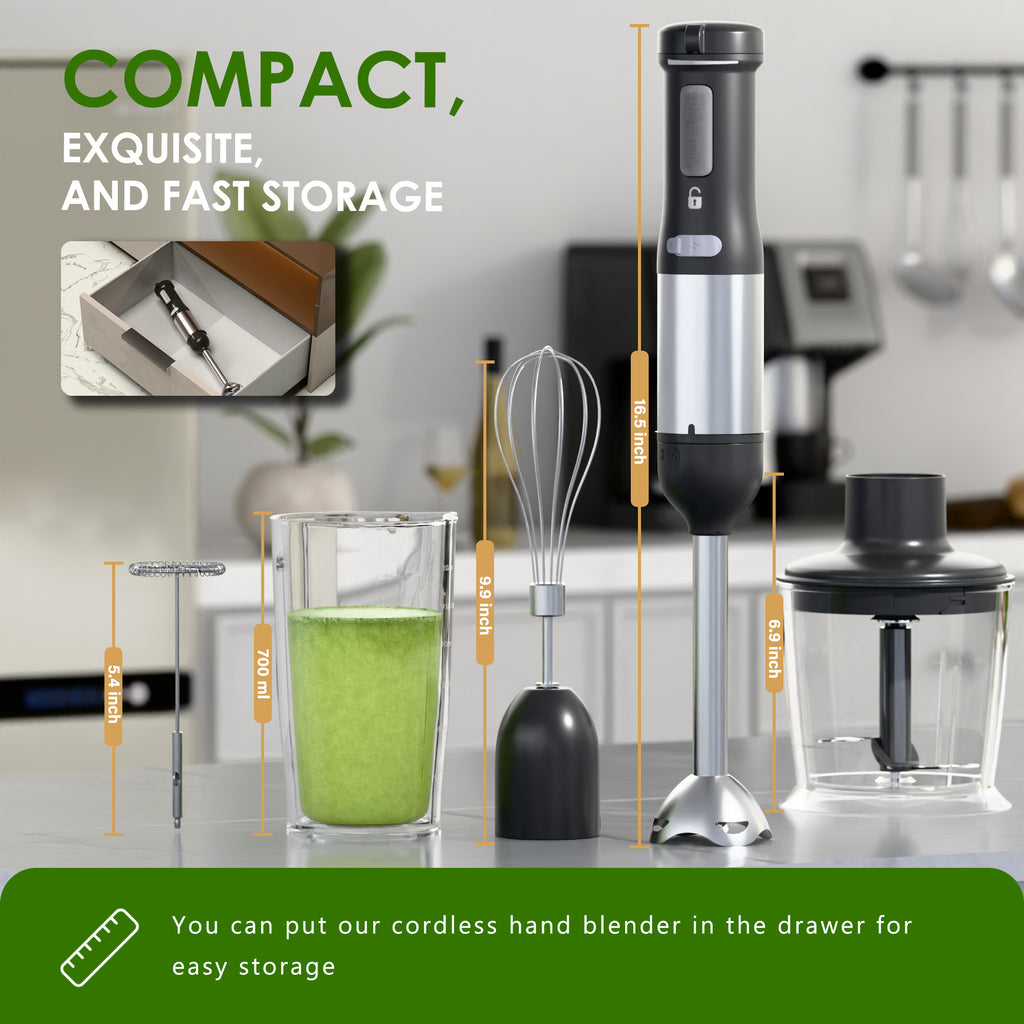 Whall Cordless Immersion Hand Blender, 5-in-1 Cordless Hand Blender Set – Rechargeable, One-Touch Control and Stainless Steel Blades for Smoothies, Shakes or Soups, Black