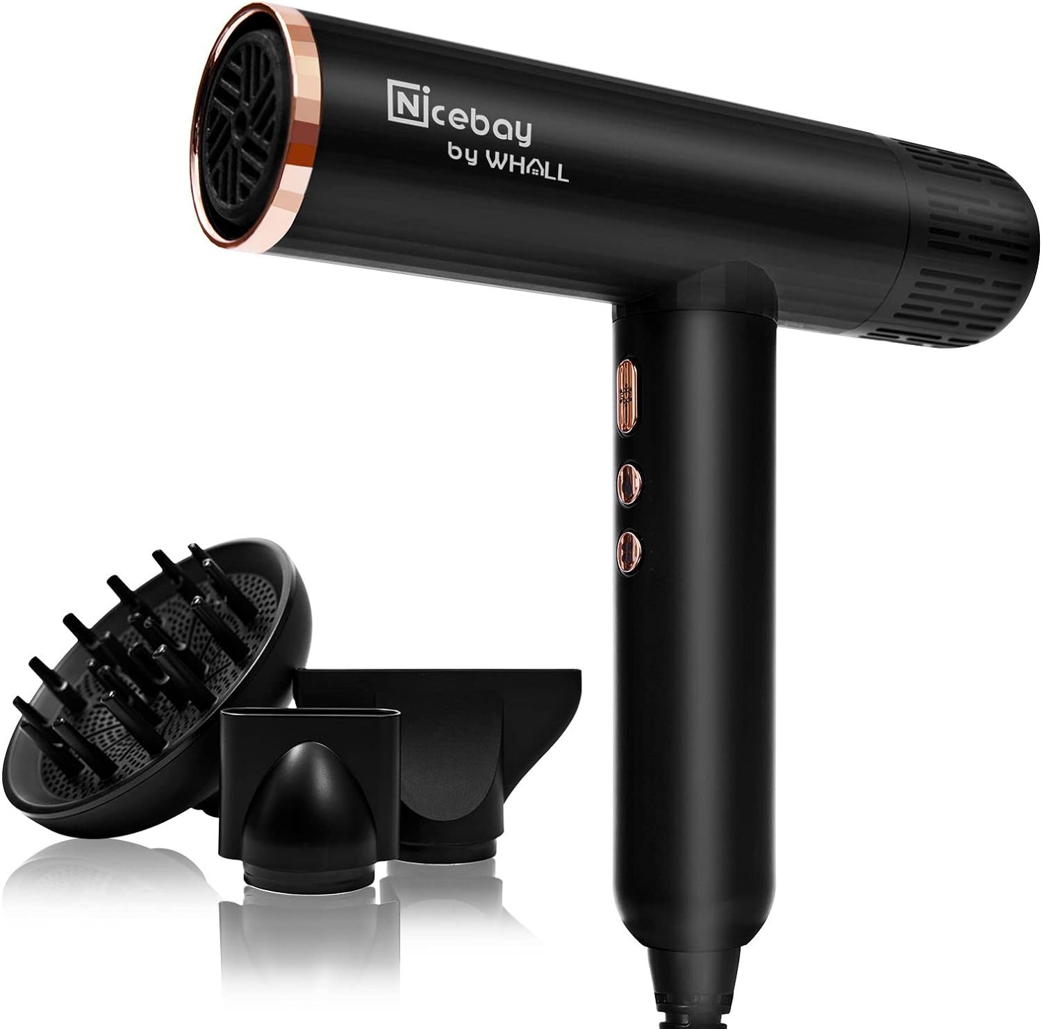 NICEBAY® Hair Dryer-Black&Gold , Professional Blow Dryer with 3 Attachments, 110000RPM High-Speed Brushless Motor for Fast Drying, Lightweight, Low Noise, 1600W Hairdryer with Diffuser