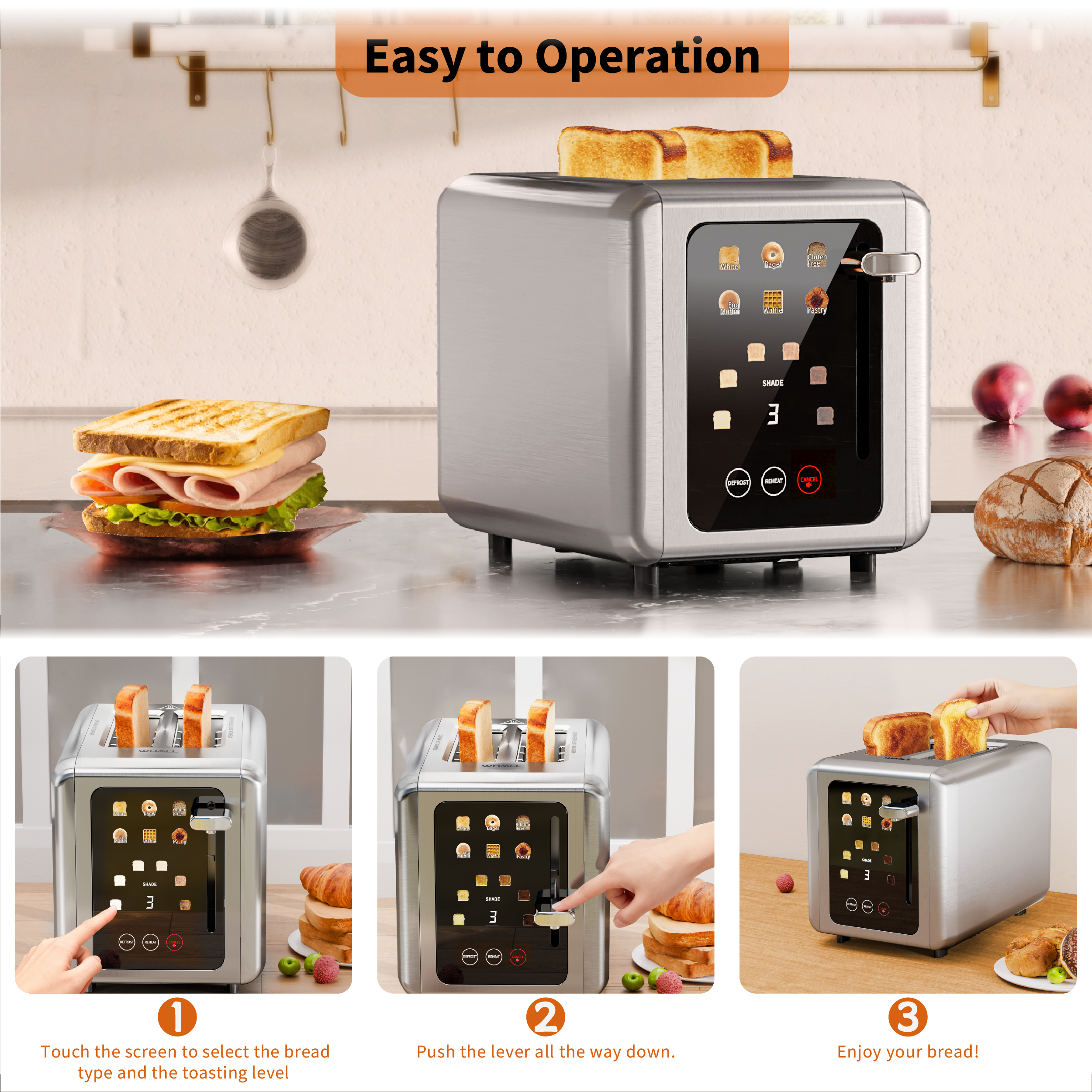 WHALL 2-Slice Touchscreen Toaster