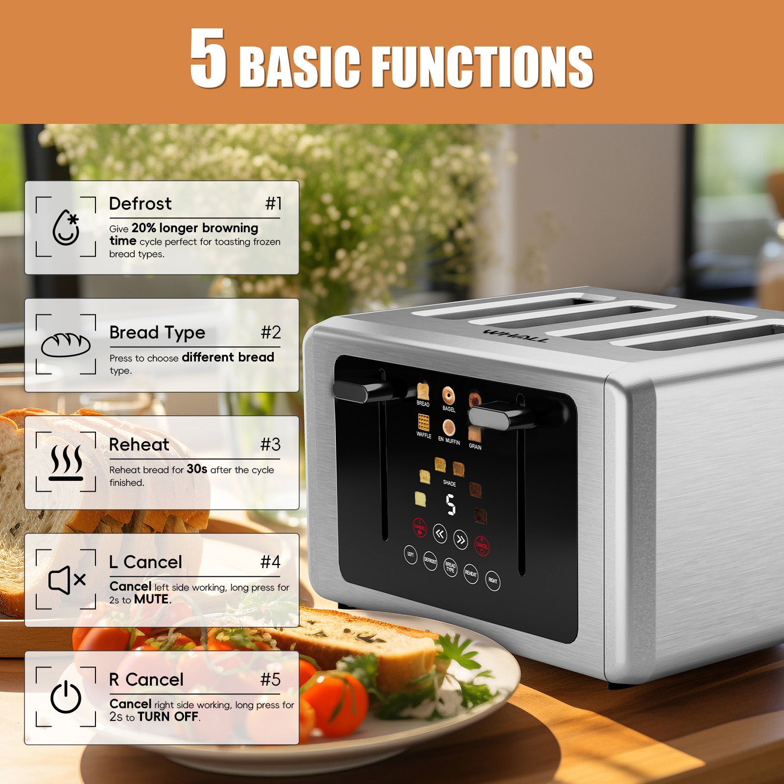 WHALL 4-Slice Touchscreen Toaster