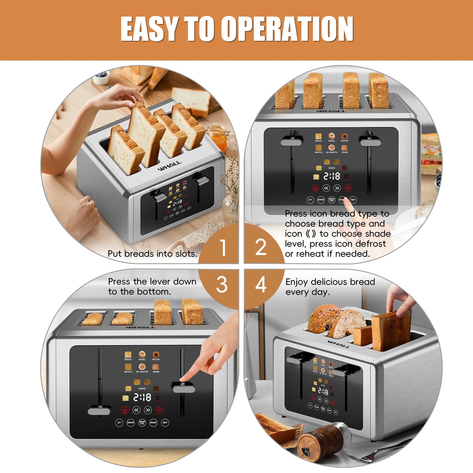 WHALL 4-Slice Touchscreen Toaster